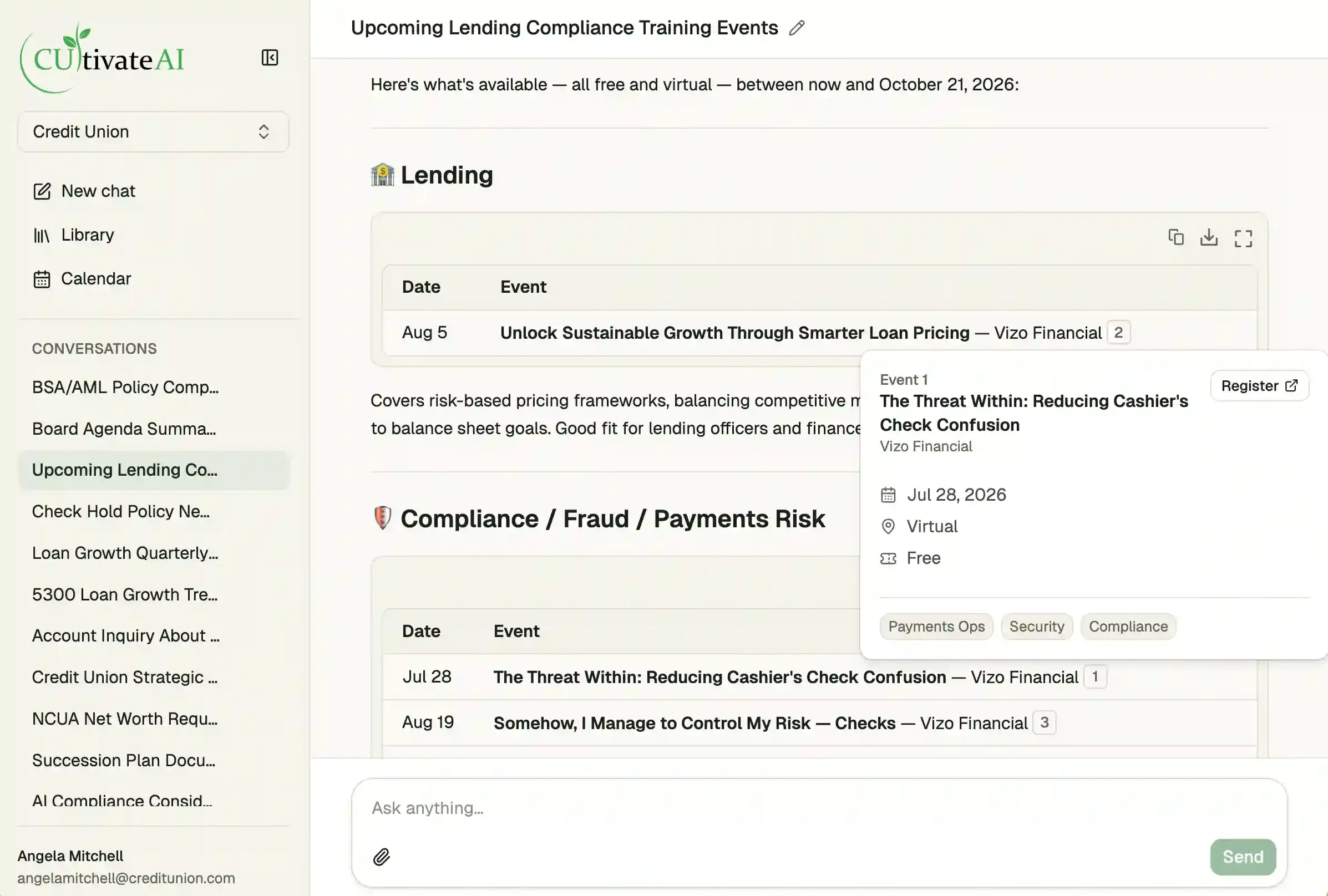 CUltivate AI listing upcoming free virtual training events for lending and compliance staff, with an event card showing date, format, cost, and registration link.