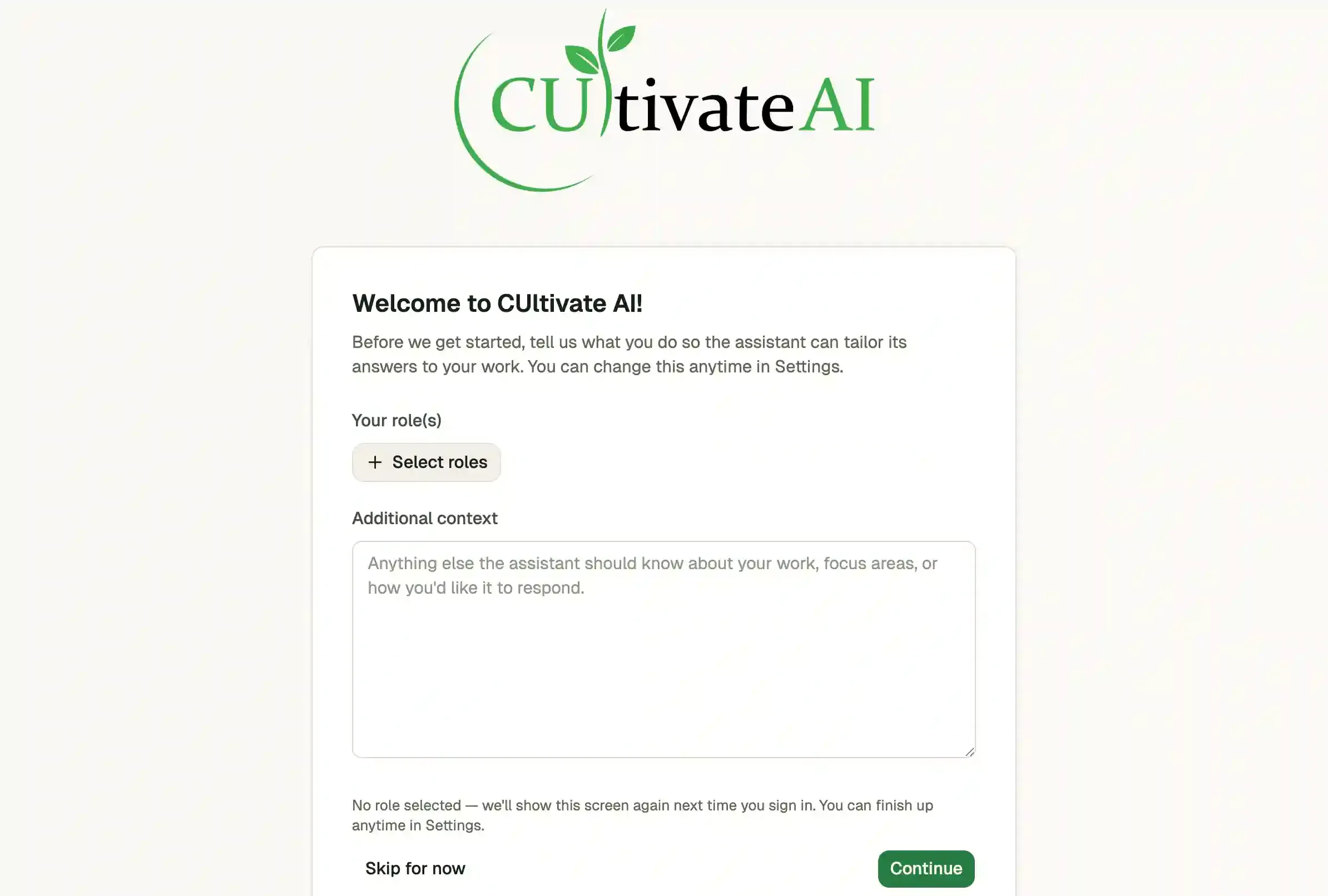CUltivate AI onboarding: employees pick their role and add context so the assistant tailors answers to their work